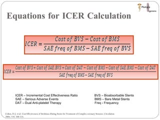 Equations for ICER Calculation  Cohen, D.J. et al. Cost Effectiveness of Sirolimus-Eluting Stents for Treatment of Complex coronary Stenoses. Circulation 2004; 110: 508-514. ICER – Incremental Cost Effectiveness Ratio  BVS – Bioabsorbable Stents SAE – Serious Adverse Events  BMS – Bare Metal Stents DAT – Dual Anti-platelet Therapy  Freq - Frequency 