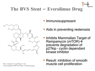 The BVS Stent – Everolimus Drug Immunosuppresant Aids in preventing restenosis Inhibits Mammalian Target of Rampamycin (mTOR)   prevents degradation of p27kip – cyclin dependant kinase inhibitor Result: inhibition of smooth muscle cell proliferation http://prospect.rsc.org/blogs/cw/wp-content/uploads/2009/04/487px-everolimussvg.png 