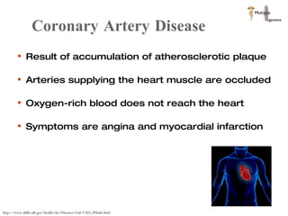 Coronary Artery Disease Result of accumulation of atherosclerotic plaque  Arteries supplying the heart muscle are occluded Oxygen-rich blood does not reach the heart Symptoms are angina and myocardial infarction  http://www.nhlbi.nih.gov/health/dci/Diseases/Cad/CAD_WhatIs.html 