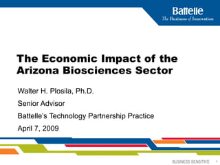 The Economic Impact of the Arizona Biosciences Sector   Walter H. Plosila, Ph.D. Senior Advisor Battelle’s Technology Partnership Practice April 7, 2009 
