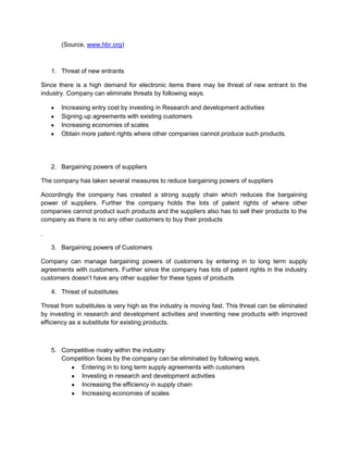 (Source, www.hbr.org)



    1. Threat of new entrants

Since there is a high demand for electronic items there may be threat of new entrant to the
industry. Company can eliminate threats by following ways.

       Increasing entry cost by investing in Research and development activities
       Signing up agreements with existing customers
       Increasing economies of scales
       Obtain more patent rights where other companies cannot produce such products.




    2. Bargaining powers of suppliers

The company has taken several measures to reduce bargaining powers of suppliers

Accordingly the company has created a strong supply chain which reduces the bargaining
power of suppliers. Further the company holds the lots of patent rights of where other
companies cannot product such products and the suppliers also has to sell their products to the
company as there is no any other customers to buy their products

.

    3. Bargaining powers of Customers

Company can manage bargaining powers of customers by entering in to long term supply
agreements with customers. Further since the company has lots of patent rights in the industry
customers doesn’t have any other supplier for these types of products

    4. Threat of substitutes

Threat from substitutes is very high as the industry is moving fast. This threat can be eliminated
by investing in research and development activities and inventing new products with improved
efficiency as a substitute for existing products.



    5. Competitive rivalry within the industry
       Competition faces by the company can be eliminated by following ways,
            Entering in to long term supply agreements with customers
            Investing in research and development activities
            Increasing the efficiency in supply chain
            Increasing economies of scales
 