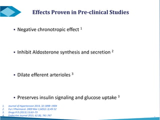 Effects Proven in Pre-clinical Studies
 Negative chronotropic effect 1
 Inhibit Aldosterone synthesis and secretion 2
 Dilate efferent arterioles 3
 Preserves insulin signaling and glucose uptake 3
16
1. Journal of Hypertension 2014, 32:1898–1904
2. Eur J Pharmacol. 2009 Mar 1;605(1-3):49-52
3. Drugs R D (2013) 13:63–73
4. Endocrine Journal 2015, 62 (8), 741-747
 