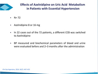 Effects of Azelnidipine on Uric Acid Metabolism
in Patients with Essential Hypertension
 N= 72
 Azelnidipine 8 or 16 mg
 In 22 cases out of the 72 patients, a different CCB was switched
to Azelnidipine
 BP measured and biochemical parameters of blood and urine
were evaluated before and 2–3 months after the administration
36
Clin Exp Hypertens, 2014; 36(7): 447–453
 