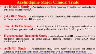 • At-HOME Study - Azelnidipine controls morning hypertension and reduces
pulse rates significantly1.
• J-CORE Study - Azelnidipine + ARB improved BP variability & arterial
stiffness in addition to BP reduction2.
• The AORTA Study - Azelnidipine + ARB causes a greater reduction in
central blood pressure and left ventricular mass index than Amlodipine + ARB3.
• Hypertension Research Study - Azelnidipine + ARB is more effective in
reducing albuminuria in hypertensive diabetic patients with CKD than
Amlodipine + ARB4.
• AGENT Study – Azelnidipine may have beneficial effects on glucose
tolerance and the insulin sensitivity in patients with essential hypertension.
1. Drugs R D 2013; 13(1): 63-73.; 2. Hypertension. 2012;59:1132- 1138; 3. Vasc Health Risk Manag. 2011; 7: 383–390. 4. Hypertens Res 34, 935–941 (2011) 5. Cardiovasc Diabetol 10, 79 (2011). .
Azelnidipine Major Clinical Trials
 