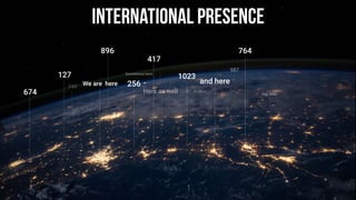 674
127
340
896
We are here
Sometimes here
Yep, here
764
987
and here
1023
Here as well
417
256
International presence
 