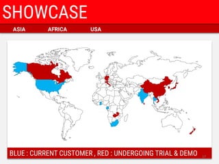 ASIA 
AFRICA 
USA 
SHOWCASE 
BLUE : CURRENT CUSTOMER , RED : UNDERGOING TRIAL & DEMO 
17  