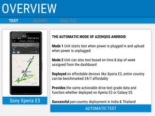 TEST 
REPORT 
ANALYZE 
OVERVIEW 
Sony Xperia E3 
AUTOMATIC TEST 
THE AUTOMATIC MODE OF AZENQOS ANDROID Mode 1 Unit starts test when power is plugged in and upload when power is unplugged Mode 2 Unit can also test based on time & day of week assigned from the dashboard Deployed on affordable devices like Xperia E3, entire country can be benchmarked 24/7 affordably Provides the same actionable drive test grade data and function whether deployed on Xperia E3 or Galaxy S5 Successful pan-country deployment in India & Thailand 
7  