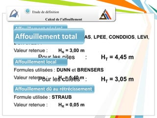 Calcul de l’affouillement
Etude de définition
Formule utilisée : STRAUB
Valeur retenue : HR = 0,05 m
Formules utilisées :LACY, LARRAS, LPEE, CONDDIOS, LEVI,
DUN et EDF.
Valeur retenue : HN = 3,00 m
Formules utilisées : DUNN et BRENSERS
Valeur retenue : HL = 1,40 m
Pour les piles : HT = 4,45 m
Pour les culées : HT = 3,05 m
Affouillement général
Affouillement local
Affouillement dû au rétrécissement
Affouillement total
 