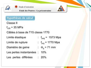 Etude des Poutres : La précontrainte
Etude d’exécution
Hypothèses de calcul
Classe II
fc28 = 35 MPa
Câbles à base de T15 classe 1770
Limite élastique : fpeg = 1573 Mpa
Limite de rupture : fprg = 1770 Mpa
Diamètre de gaine : g = 71 mm
Les pertes instantanées : 10%
Les pertes différées : 20%
 