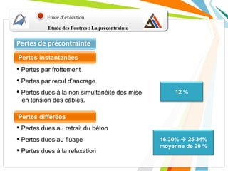 Etude d’exécution
Pertes de précontrainte
• Pertes par frottement
• Pertes par recul d’ancrage
• Pertes dues à la non simultanéité des mise
en tension des câbles.
• Pertes dues au retrait du béton
• Pertes dues au fluage
• Pertes dues à la relaxation
12 %
16.30%  25.34%
moyenne de 20 %
Etude des Poutres : La précontrainte
Pertes instantanées
Pertes différées
 