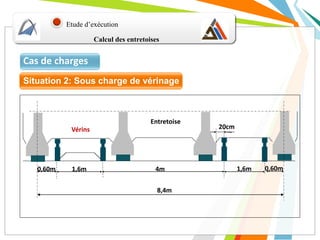 Etude d’exécution
1,6m4m0,60m 0,60m
Entretoise
Vérins 20cm
8,4m
1,6m
Calcul des entretoises
Cas de charges
Situation 2: Sous charge de vérinage
 