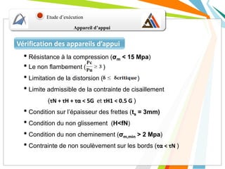 Etude d’exécution
Vérification des appareils d’appui
• Résistance à la compression (σm < 15 Mpa)
• Le non flambement ( )
• Limitation de la distorsion ( )
• Limite admissible de la contrainte de cisaillement
(τN + τH + τα < 5G et τH1 < 0.5 G )
• Condition sur l’épaisseur des frettes (ts = 3mm)
• Condition du non glissement (H<fN)
• Condition du non cheminement (σm,min > 2 Mpa)
• Contrainte de non soulèvement sur les bords (τα < τN )
Appareil d’appui
 