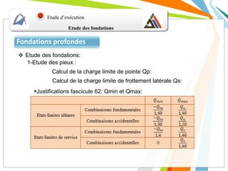Etude des fondations
Etude d’exécution
Fondations profondes
 Etude des fondations:
Calcul de la charge limite de pointe Qp:
1-Etude des pieux :
Calcul de la charge limite de frottement latérale Qs:
Justifications fascicule 62: Qmin et Qmax:
 