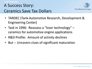 A Success Story:  Ceramics Save Tax Dollars TARDEC (Tank-Automotive Research, Development & Engineering Center)  Task in 1996:  Reassess a “loser technology” – ceramics for automotive engine applications R&D Profile:  Amount of activity declines But -- Uncovers clues of significant maturation Case Examples 