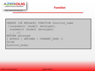 http://www.azeroug.org
14/
Function
Şənbə, 14 Sentyabr 2013 Sadıgov Xəyyam
CREATE [OR REPLACE] FUNCTION function_name
[(argument1 [mode1] datatype1,
argument2 [mode2] datatype2,
. . .)]
RETURN datatype
[ AUTHID [ DEFINER | CURRENT_USER ]]
IS|AS
function_body;
 