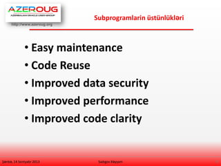 http://www.azeroug.org
7/
Subprogramlarin üstünlükləri
Şənbə, 14 Sentyabr 2013
• Easy maintenance
• Code Reuse
• Improved data security
• Improved performance
• Improved code clarity
Sadıgov Xəyyam
 