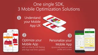 One single SDK,
3 Mobile Optimization Solutions
Understand
your Mobile
App UX
Optimize your
Mobile App
with on-the-fly A/B Testing
and App real-time updates
Personalize your
Mobile App
dynamically based on user
profile and context
 

 
