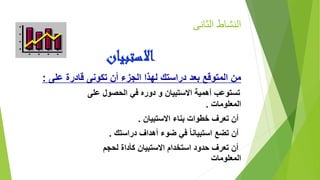 ‫الثانى‬ ‫النشاط‬
‫االستبيان‬
‫تكون‬ ‫أن‬ ‫الجزء‬ ‫لهذا‬ ‫دراستك‬ ‫بعد‬ ‫المتوقع‬ ‫من‬‫ى‬‫قادر‬‫ة‬‫على‬:
‫على‬ ‫الحصول‬ ‫في‬ ‫دوره‬ ‫و‬ ‫االستبيان‬ ‫أهمية‬ ‫تستوعب‬
‫المعلومات‬.
‫االستبيان‬ ‫بناء‬ ‫خطوات‬ ‫تعرف‬ ‫أن‬.
‫دراستك‬ ‫أهداف‬ ‫ضوء‬ ‫في‬ ً‫ا‬‫استبيان‬ ‫تضع‬ ‫أن‬.
‫لحجم‬ ‫كأداة‬ ‫االستبيان‬ ‫استخدام‬ ‫حدود‬ ‫تعرف‬ ‫أن‬
‫المعلومات‬
 