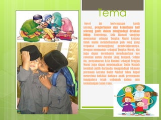 Tema
 Novel      ini      bertemakan       kasih
sayang, pengorbanan dan kemuliaan hati
seorang gadis dalam menghadapi desakan
hidup. Contohnya, Azfa Hanani sanggup
menyamar sebagai Tengku Murni kerana
tidak mahu membebankan pak long yang
terpaksa menanggung pembelajarannya.
Dengan menyamar sebagai Tengku Murni, dia
juga dapat membantu mendapatkan kos
rawatan untuk Zuraini yang lumpuh. Selain
itu, penyamaran Azfa Hanani sebagai Tengku
Murni juga dapat membuatkan Datin Maziah
kembali pulih daripada menghadapi tekanan
perasaan kerana Datin Maziah tidak dapat
menerima hakikat bahawa anak perempuan
tunggalnya telah terbunuh dalam satu
kemalangan jalan raya.
 