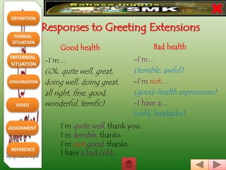 DEFINITION
FORMAL
SITUATION
REFERENCE
INFORMAL
SITUATION
CONVERSATION
VIDEO
ASSIGNMENT
Responses to Greeting Extensions
Good health
-I’m…
(Ok, quite well, great,
doing well, doing great,
all right, fine, good,
wonderful, terrific)
Bad health
-I’m…
(terrible, awful)
-I’m not…
(good-health expressions)
-I have a…
(cold, headache)
I’m quite well, thank you.
I’m terrible, thanks.
I’m not good, thanks.
I have a bad cold.
 