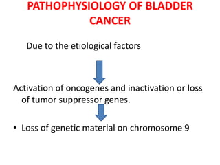 PATHOPHYSIOLOGY OF BLADDER
CANCER
Due to the etiological factors

Activation of oncogenes and inactivation or loss
of tumor suppressor genes.
• Loss of genetic material on chromosome 9

 