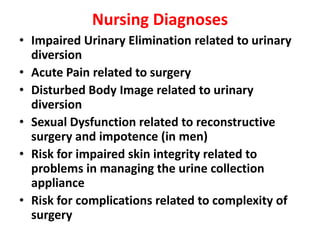 Nursing Diagnoses
• Impaired Urinary Elimination related to urinary
diversion
• Acute Pain related to surgery
• Disturbed Body Image related to urinary
diversion
• Sexual Dysfunction related to reconstructive
surgery and impotence (in men)
• Risk for impaired skin integrity related to
problems in managing the urine collection
appliance
• Risk for complications related to complexity of
surgery

 