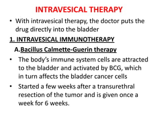 INTRAVESICAL THERAPY
• With intravesical therapy, the doctor puts the
drug directly into the bladder
1. INTRAVESICAL IMMUNOTHERAPY
A.Bacillus Calmette-Guerin therapy
• The body’s immune system cells are attracted
to the bladder and activated by BCG, which
in turn affects the bladder cancer cells
• Started a few weeks after a transurethral
resection of the tumor and is given once a
week for 6 weeks.

 