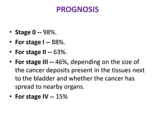 PROGNOSIS
•
•
•
•

Stage 0 -- 98%.
For stage I -- 88%.
For stage II -- 63%.
For stage III -- 46%, depending on the size of
the cancer deposits present in the tissues next
to the bladder and whether the cancer has
spread to nearby organs.
• For stage IV -- 15%

 