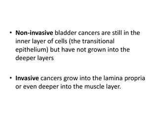 • Non-invasive bladder cancers are still in the
inner layer of cells (the transitional
epithelium) but have not grown into the
deeper layers
• Invasive cancers grow into the lamina propria
or even deeper into the muscle layer.

 