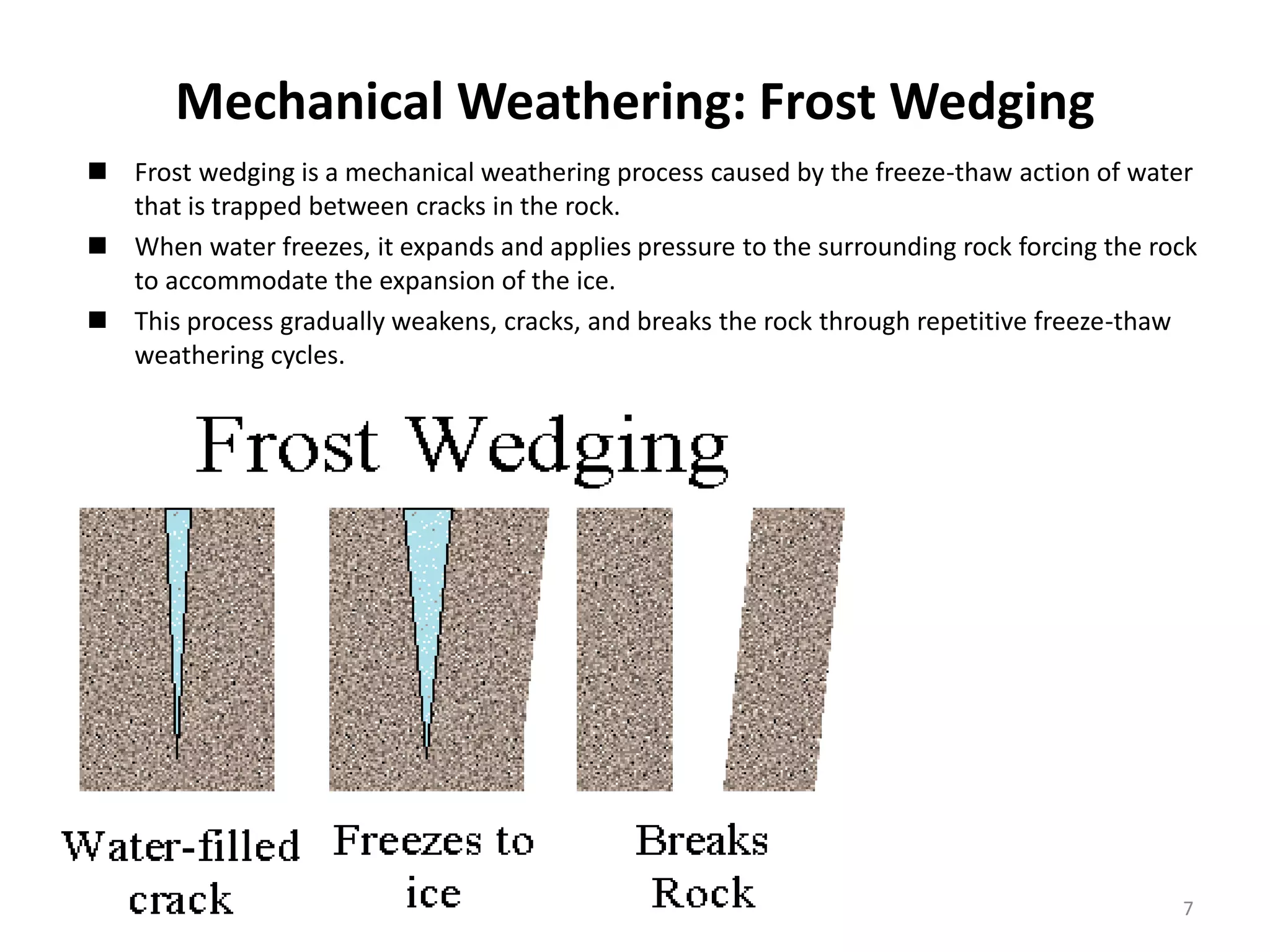 Mechanical Weathering: Frost Wedging
 Frost wedging is a mechanical weathering process caused by the freeze-thaw action of water
that is trapped between cracks in the rock.
 When water freezes, it expands and applies pressure to the surrounding rock forcing the rock
to accommodate the expansion of the ice.
 This process gradually weakens, cracks, and breaks the rock through repetitive freeze-thaw
weathering cycles.
Copyright © Bruce Molnia, USGS 7
 