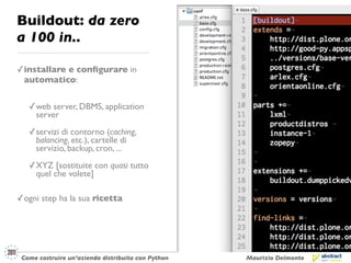 Buildout: da zero
a 100 in..

✓ installare e conﬁgurare in
  automatico:


   ✓ web server, DBMS, application
     server
   ✓ servizi di contorno (caching,
     balancing, etc.), cartelle di
     servizio, backup, cron, ...
   ✓ XYZ [sostituite con quasi tutto
     quel che volete]

✓ ogni step ha la sua ricetta




 Come costruire un’azienda distribuita con Python   Maurizio Delmonte
 