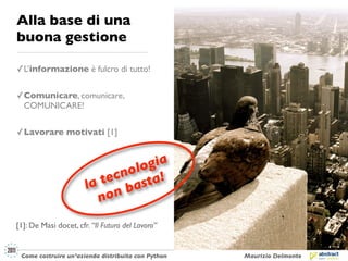 Alla base di una
buona gestione

✓ L’informazione è fulcro di tutto!

✓ Comunicare, comunicare,
  COMUNICARE!


✓ Lavorare motivati [1]


                                 gia
                              olo !
                            cn ta
                          te as
                       la
                          no nb

[1]: De Masi docet, cfr. “Il Futuro del Lavoro”


 Come costruire un’azienda distribuita con Python   Maurizio Delmonte
 