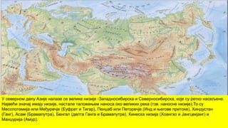 У северном делу Азије налазе се велике низије -Западносибирска и Северносибирска, које су ретко насељене.
Највећи значај имају низије, настале таложењем наноса око великих река (тзв. наносне низије).То су
Месопотамија или Међуречје (Еуфрат и Тигар), Пенџаб или Петоречје (Инд и његове притоке), Хиндустан
(Ганг), Асам (Брамапутра), Бенгал (делта Ганга и Брамапутре), Кинеска низија (Хоангхо и Јангцекјанг) и
Манџурија (Амур).
 