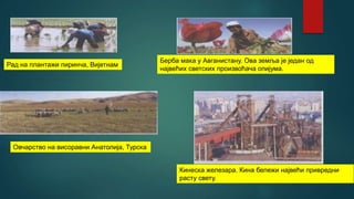 Рад на плантажи пиринча, Вијетнам
Берба мака у Авганистану. Ова земља је један од
највећих светских произвоћача опијума.
Овчарство на висоравни Анатолија, Турска
Кинеска железара. Кина бележи највећи привредни
расту свету.
 