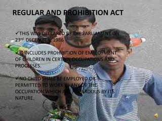 REGULAR AND PROHIBITION ACT
THIS WAS DECLARED BY THE PARLIAMENT ON
23rd DECEMBER, 1986
IT INCLUDES PROHIBITION OF EMPLOYMENT
OF CHILDREN IN CERTAIN OCCUPATIONS AND
PROCESSES.
NO CHILD SHALL BE EMPLOYED OR
PERMITTED TO WORK IN ANY OF THE
OCCUPATION WHICH ARE HAZARDOUS BY ITS
NATURE.
 