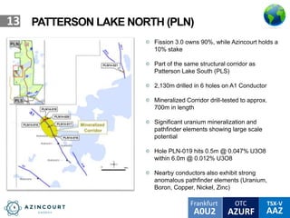 OTC TSX-V
AAZA0U2
Frankfurt
AZURF
13 PATTERSON LAKE NORTH (PLN)
Fission 3.0 owns 90%, while Azincourt holds a
10% stake
Part of the same structural corridor as
Patterson Lake South (PLS)
2,130m drilled in 6 holes on A1 Conductor
Mineralized Corridor drill-tested to approx.
700m in length
Significant uranium mineralization and
pathfinder elements showing large scale
potential
Hole PLN-019 hits 0.5m @ 0.047% U3O8
within 6.0m @ 0.012% U3O8
Nearby conductors also exhibit strong
anomalous pathfinder elements (Uranium,
Boron, Copper, Nickel, Zinc)
 