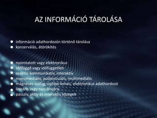 AZ INFORMÁCIÓ TÁROLÁSA
információ adathordozón történő tárolása
konzerválás, átörökítés

nyomtatott vagy elektronikus
időfüggő vagy időfüggetlen
reaktív, kommunikatív, interaktív
monomediális, audiovizuális, multimediális
mágneses szalag, optikai lemez, elektronikus adathordozó
lineáris vagy non-lineáris
passzív, aktív és interaktív közegek

 