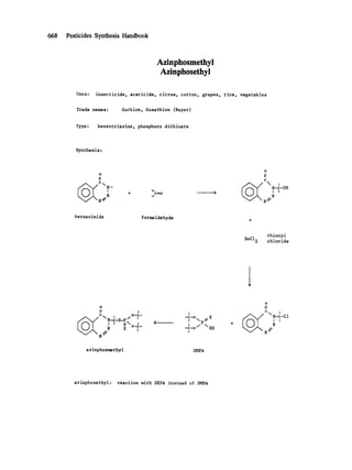 668 Pesticides Synthesis Handbook
Azinphosmethyl
Azinphosethyl
Uses: insecticide, acaricide, citrus, cotton, grapes, rice, vegetables
Trade names: Guthion, Gusathion (Bayer)
Type: benzotriazine, phosphoro dithioate
Synthesis :
~ CN_
N~
+ C,,O )
/
O
II
C
N~
I
N-c-OH
I !
N
benzazimide formaldehyde
thionyl
S~ chloride
0
II !
o-C-
~ CN_cI_S_p / ,
I , "o-~-
/7 s ,
N
!
-~-o S
p//
-~-o / SH
I
0
II
c I
N-c-CI
I I
N
N//
azinphosmethyl DMPA
azinphosethyl: reaction with DEPA instead of DMPA
 
