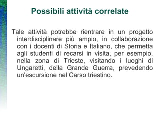 Possibili attività correlate Tale attività potrebbe rientrare in un progetto interdisciplinare più ampio, in collaborazione con i docenti di Storia e Italiano, che permetta agli studenti di recarsi in visita, per esempio, nella zona di Trieste, visitando i luoghi di Ungaretti, della Grande Guerra, prevedendo un'escursione nel Carso triestino. 