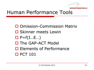 Human Performance Tools
 Omission-Commission Matrix
 Skinner meets Lewin
 P=f(I…E…)
 The GAP-ACT Model
 Elements of Performance
 PCT 101
© Fred Nickols 2012 24
 
