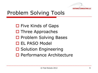 Problem Solving Tools
 Five Kinds of Gaps
 Three Approaches
 Problem Solving Bases
 EL PASO Model
 Solution Engineering
 Performance Architecture
© Fred Nickols 2012 9
 