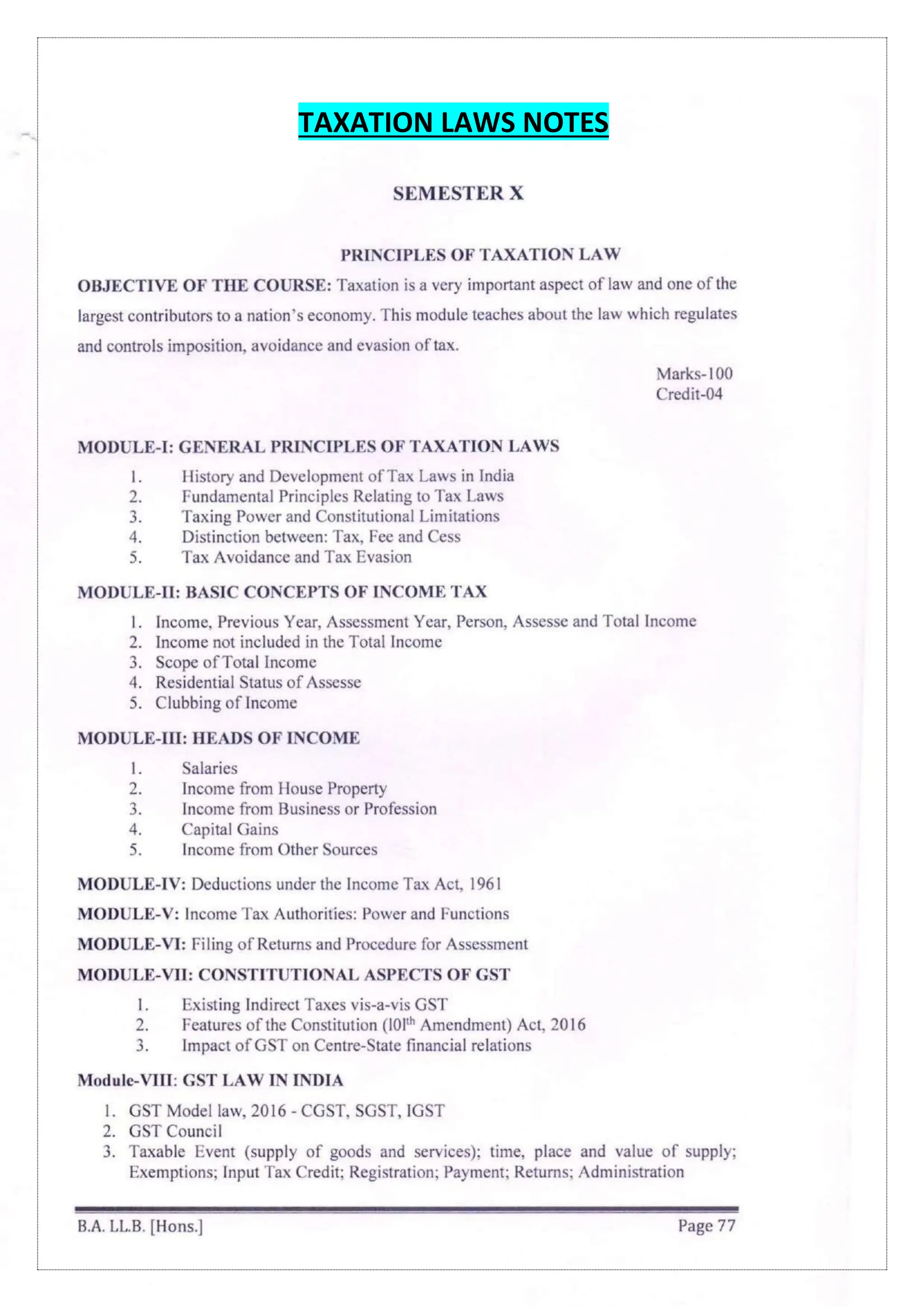 Tax Law Notes on taxation law tax law for 10th sem | PDF