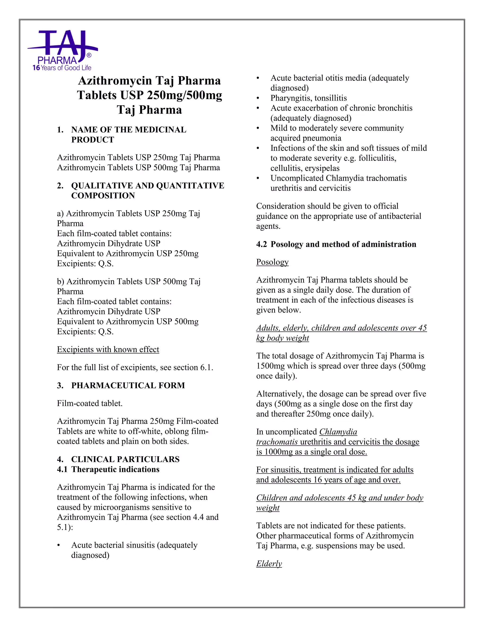 Azithromycin Tablets Taj Pharma SmPC | PDF