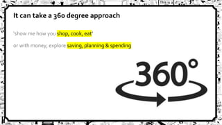 35
It can take a 360 degree approach
‘show me how you shop, cook, eat’
or with money, explore saving, planning & spending
 