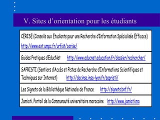 V. Sites d’orientation pour les étudiants

CERISE (Conseils aux Etudiants pour une Recherche d’Information Spécialisée Efficace)
http://www.ext.umpc.fr/urfist/cerise/

Guides Pratiques d’EducNet     http://www.educnet.education.fr/dossier/rechercher/

SAPRISTI (Sentiers d’Accès et Pistes de Recherche d’Informations Scientifiques et
Techniques sur Internet)     http://docinsa.insa-lyon.fr/sapristi/

Les Signets de la Bibliothèque Nationale de France   http://signets.bnf.fr/

Jamiati. Portail de la Communauté universitaire marocaine http://www.jamiati.ma
 