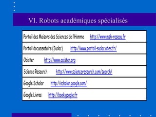 VI. Robots académiques spécialisés

Portail des Maisons des Sciences de l’Homme       http://www.msh-reseau.fr

Portail documentaire (Sudoc)       http://www.portail-sudoc.abes.fr/

Oaister          http://www.oaister.org

Science Research         http://www.scienceresearch.com/search/

Google Scholar       http://scholar.google.com/

Google Livres      http://book.google.fr
 