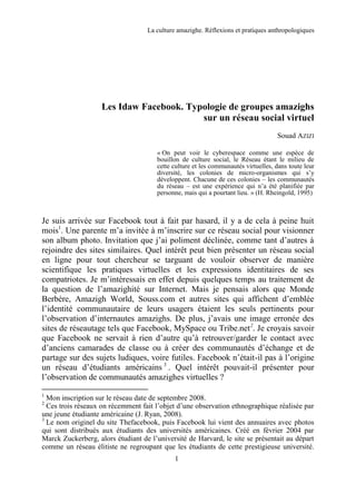 Azizi Les Idaw Facebook Typologie De Groupes Amazighs Sur Un Reseau S