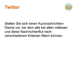 Facebook für JournalistenDistribution und Storytelling 2.0Privat vs. beruflichDen eigenen Namen vermarktenMultimediales PräsentierenAbstimmungenAusbau via AppsEinfache AuswertungPersonenrecherche