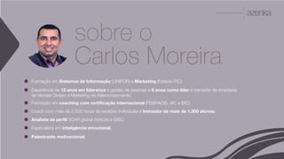 A P R E S E N TA Ç Ã O
Formação em Sistemas de Informação (UNIFOR) e Marketing (Estácio-FIC);
Experiência de 12 anos em liderança e gestão de pessoas e 6 anos como líder e treinador de empresas
de Vendas Diretas e Marketing de Relacionaomento;
Formação em coaching com certificação internacional (FEBRACIS, AIC e IBC);
Coach com mais de 2.500 horas de sessões individuais e treinador de mais de 1.500 alunos;
Analista de perfil SOAR global institute e DISC;
Especialista em inteligência emocional;
Palestrante motivacional;
sobre o
Carlos Moreira
 