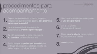 A P R E S E N TA Ç Ã O
procedimentos para
acompanhamento
Depois de apresentar tudo faça a pergunta
mágica: De que você mais gostou, dos produtos
ou da oportunidade?
Ame o próximo
Uma apresentação é simplesmente
para marcar a próxima apresentação
1.
2.
3.
4.
5.
6.
Se não quiser nada, já peça pelo menos
10 contatos para ampliar sua lista
Tenha sempre em mãos um material para
entregar ao prospecto: catálogo, revista, cd,
video, arquivo com links, aúdios
Se o prospecto comprar acompanhe
o uso dos produtos
2 + 2 + 2 (2 dias,
2 semanas e 2 meses)
7.
8.
Deixe a porta aberta para o próximo
momento da sua carreira
 